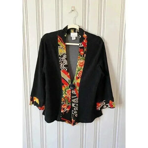 Soft Surroundings- Medium Multicolor Floral Kimono Cardigan Sweater Black Button